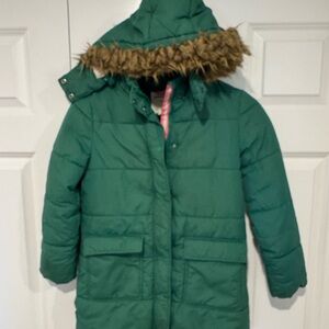 Mini Boden Girls Green Puffer Coat with Faux Fur Hood